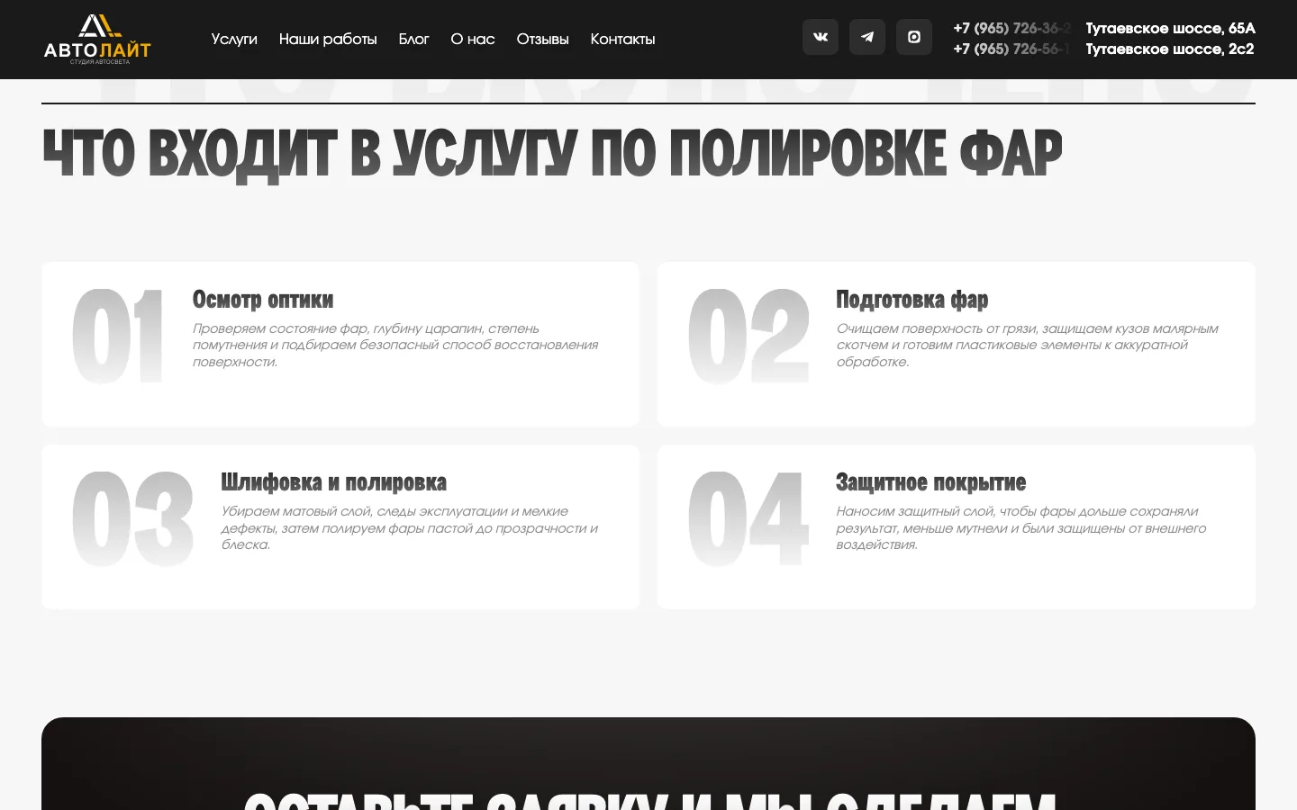 Блок «Что входит в услугу по полировке фар»: осмотр оптики, подготовка фар, шлифовка и полировка, защитное покрытие