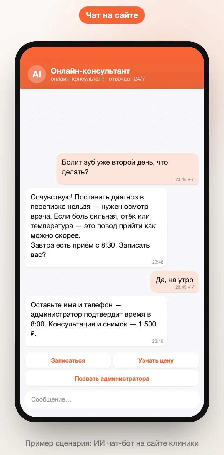 Пример диалога ИИ чат-бота на сайте клиники
