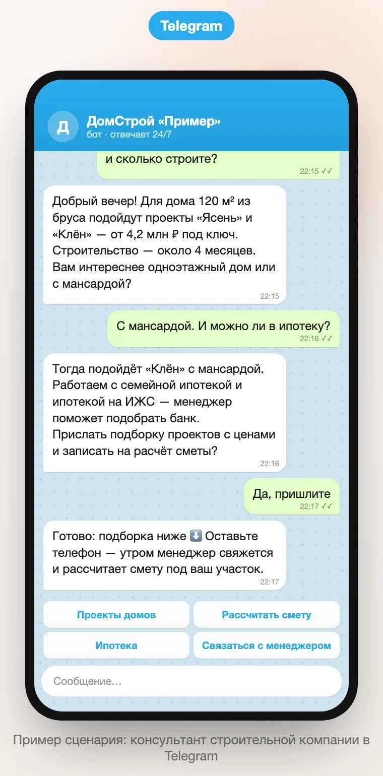 Пример диалога ИИ чат-бота строительной компании в Telegram