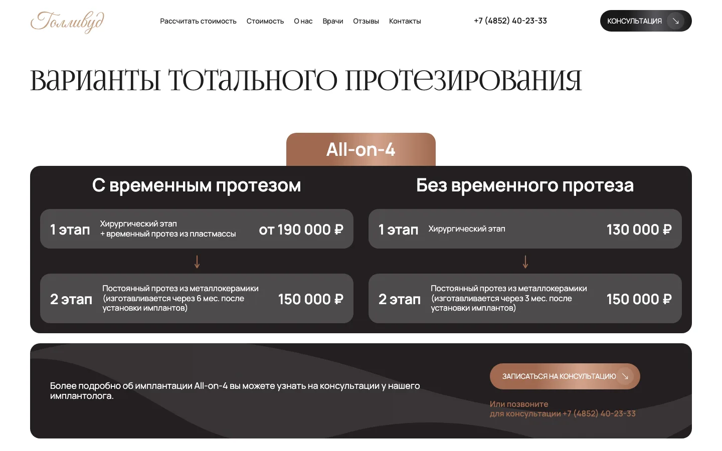 Блок «Варианты тотального протезирования» с ценами All-on-4 по этапам на лендинге «Голливуд»