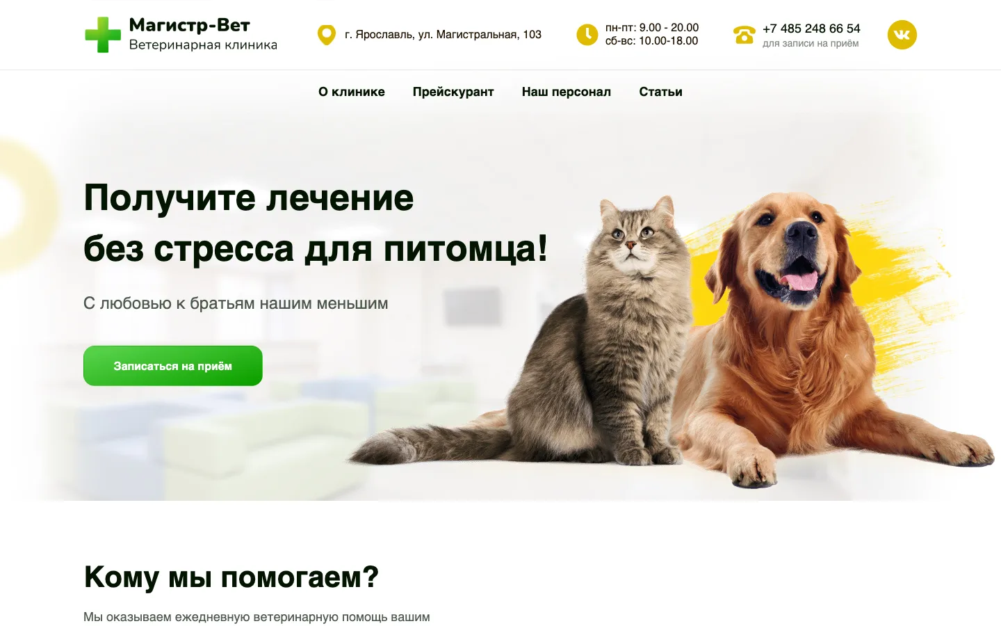 Создание лендинга ветеринарной клиники «Магистр-Вет» в Ярославле