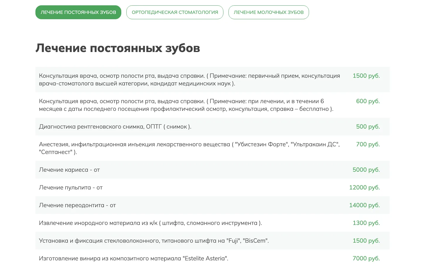 Прайс-лист стоматологии «ММ-Клиник» с вкладками по разделам