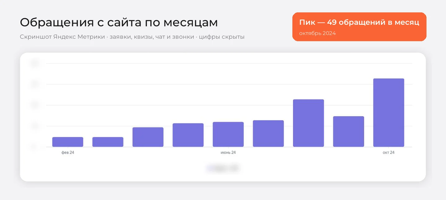 График обращений с сайта «Салон Камня» по месяцам в Яндекс Метрике