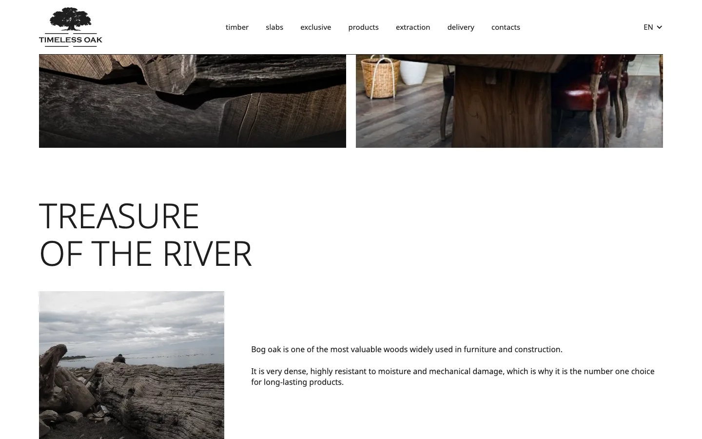 Блок «Treasure of the river» о свойствах морёного дуба на сайте Timeless Oak