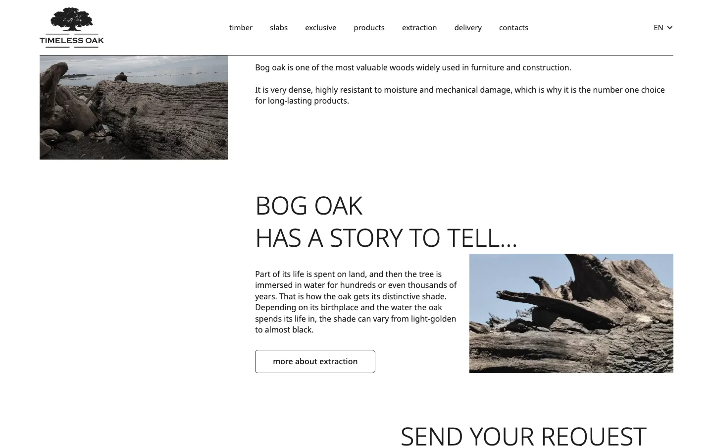 Блок «Bog oak has a story to tell» со ссылкой на страницу о добыче на сайте Timeless Oak