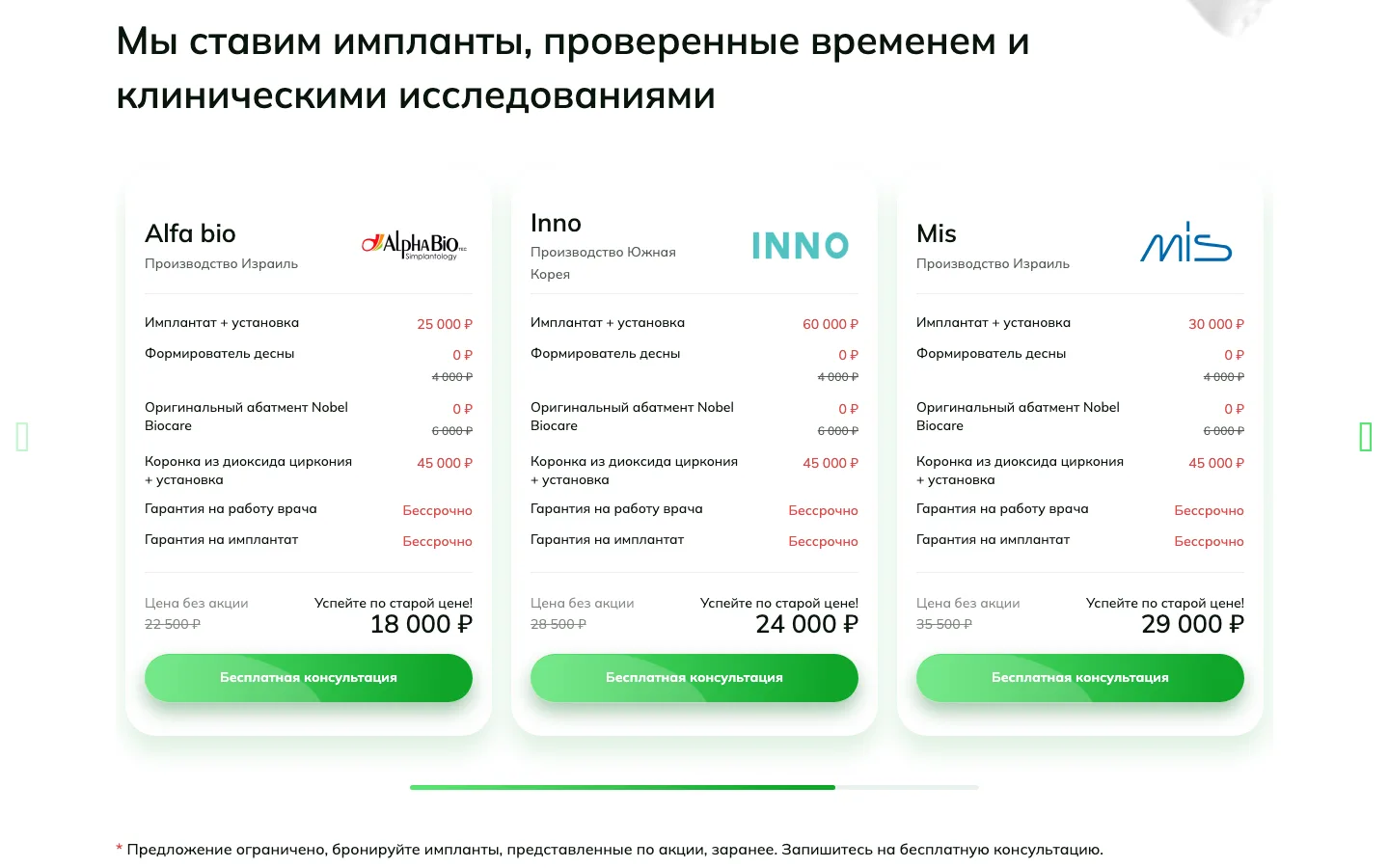 Цены на имплантацию по системам имплантов Alfa Bio, Inno, Mis на лендинге «ММ-Клиник»