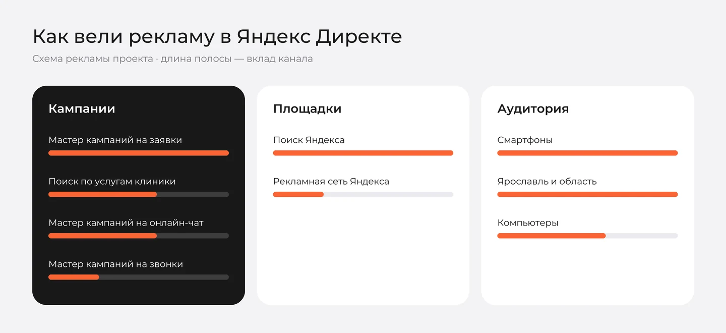 Схема рекламы в Яндекс Директе для ветклиники «Ювента»: кампании, площадки, аудитория
